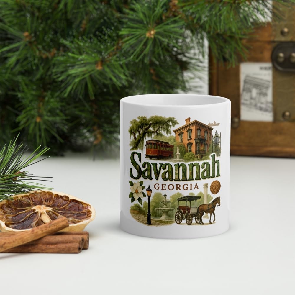 Savannah Georgia illustrated ceramic coffee mug with landmark design